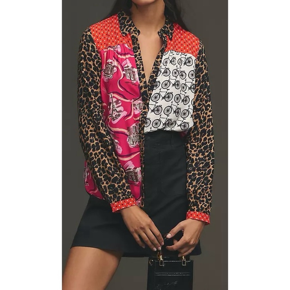Anthropologie (Maeve) Mixed-Print Button-Down Shirt in Red, Pink, White, leopard